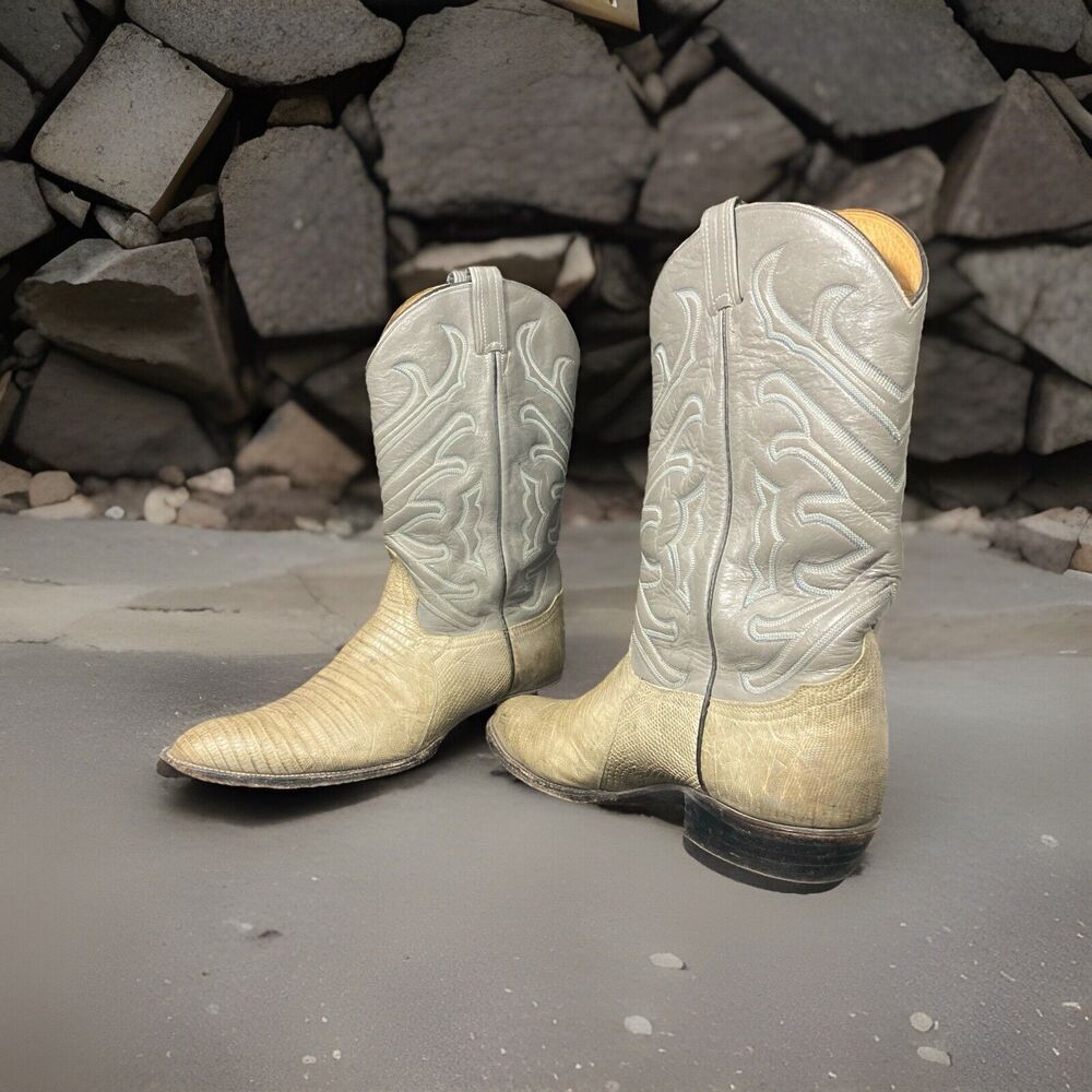 Vintage Tony Lama Lizard Leather Men's 7 Gray/Tan Cowboy Western Boots 8117 12 B